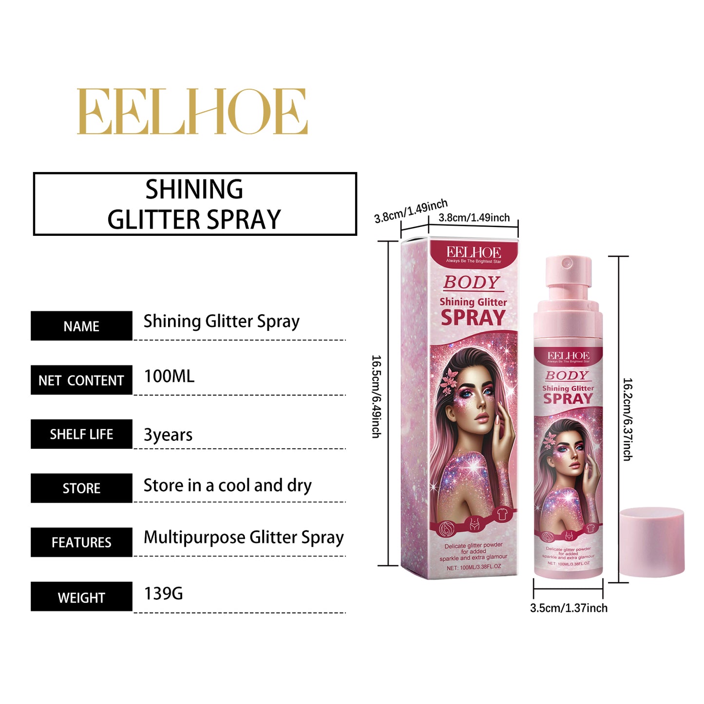 EELHOE Shimmer Spray - Face, Collarbone & Body Highlighter Natural 3D Glow Long-Lasting Sparkle