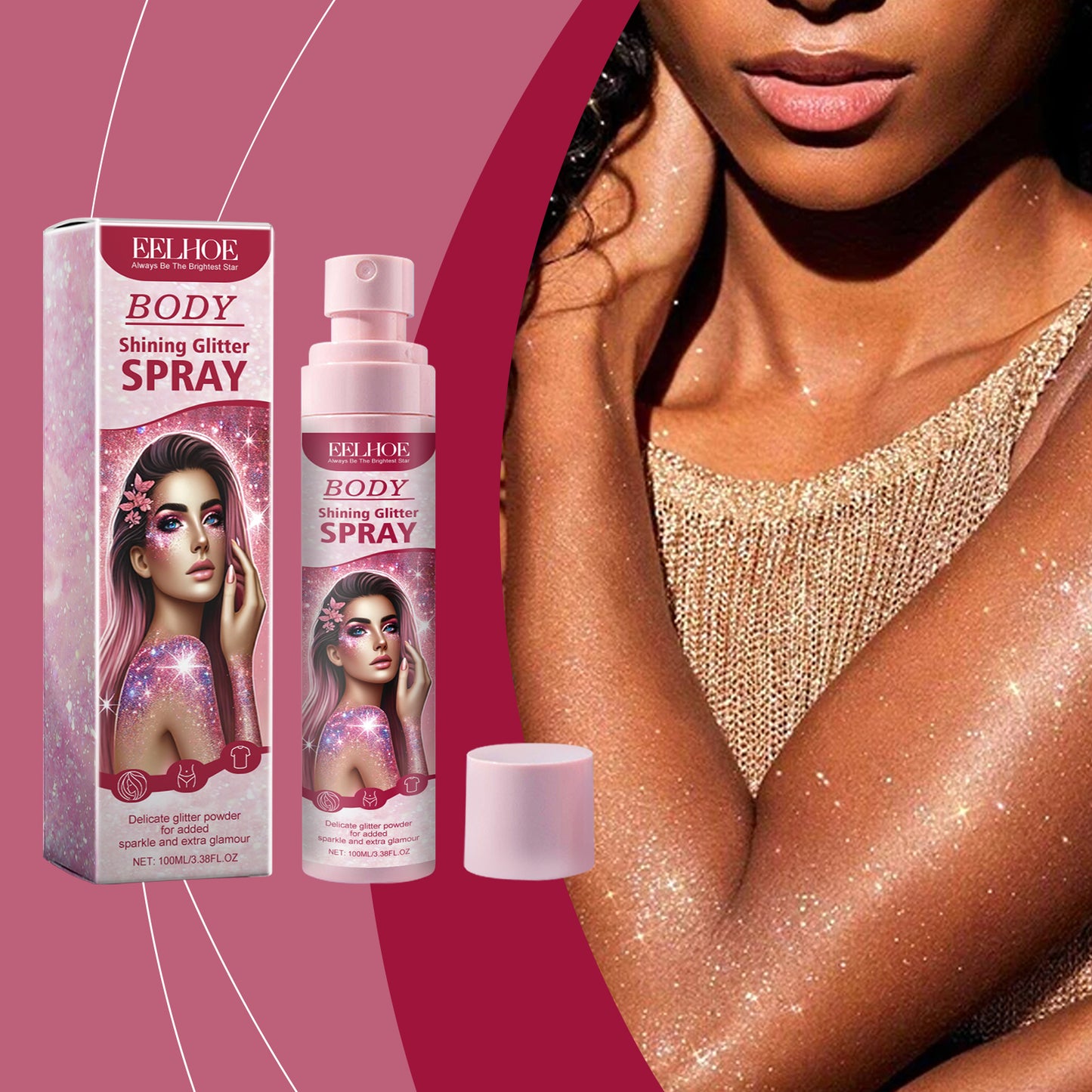 EELHOE Shimmer Spray - Face, Collarbone & Body Highlighter Natural 3D Glow Long-Lasting Sparkle
