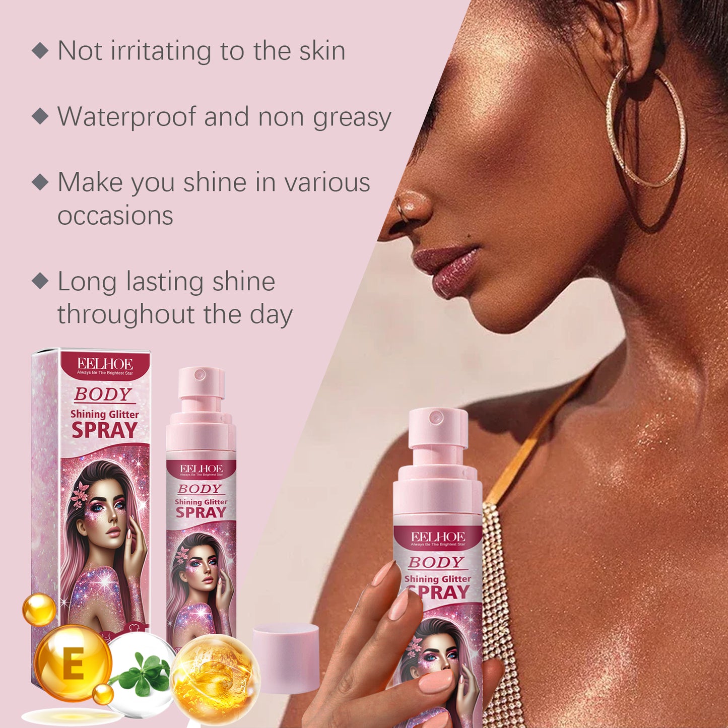 EELHOE Shimmer Spray - Face, Collarbone & Body Highlighter Natural 3D Glow Long-Lasting Sparkle
